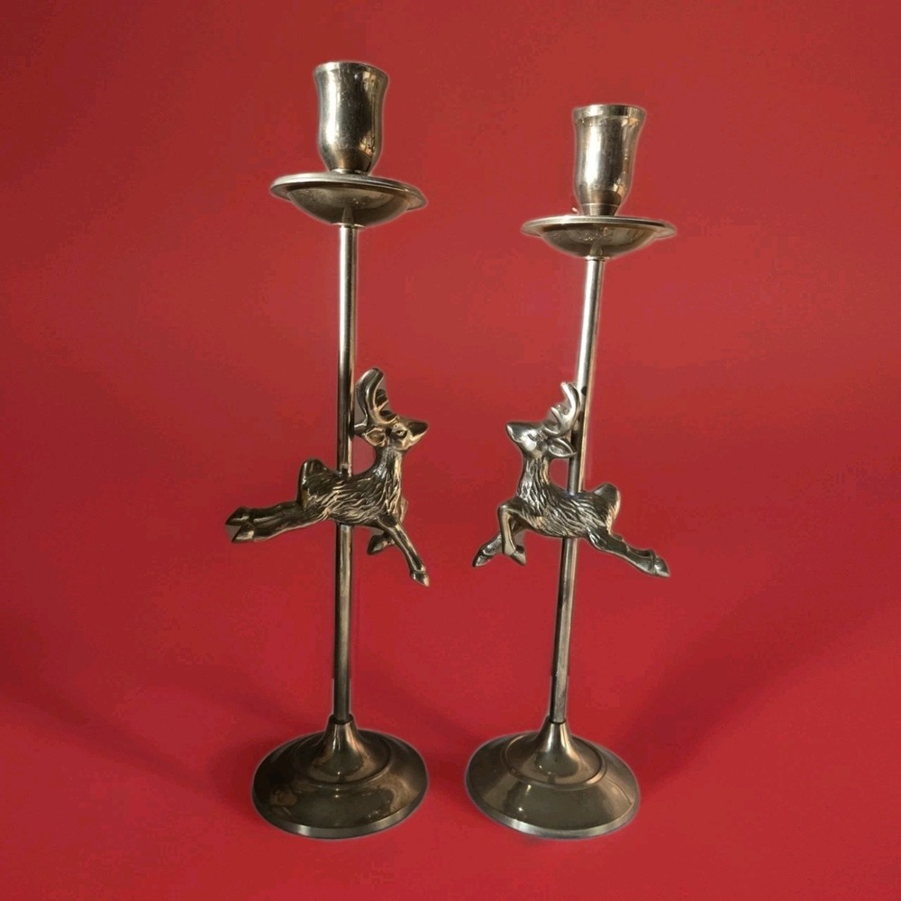 Vintage Tall 13" Brass Flying Reindeer Taper Candle Holder MCM Cottage Christmas